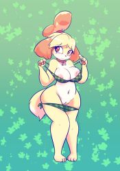 1girl animal_crossing animal_ears animal_hands artist_name bell bikini bikini_pull blonde_hair blush breasts brown_eyes cleft_of_venus clothes_pull collar dog_ears dog_tail embarrassed feet female_focus full_body furry furry_female gradient_background green_background green_bikini hair_bell hair_ornament hands_up isabelle_(animal_crossing) large_breasts looking_away navel nintendo nipples one-piece_swimsuit_pull pussy red_collar short_hair simple_background skindentation smile solo standing swimsuit tail text_focus uncensored watermark web_address wide_hips zedrin