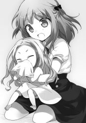 029 2girls age_difference arras_ramus child closed_eyes collared_shirt covered_mouth dress full_body hair_ribbon handkerchief hataraku_maou-sama! highres hug hug_from_behind kneeling long_hair monochrome multiple_girls open_mouth ribbon sasaki_chiho seiza shirt short_sleeves simple_background sitting skirt sleeveless two_side_up v-shaped_eyebrows wavy_hair white_background