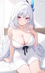 Rule 34 | 1girl, absurdres, alternate costume, bed, bedroom, blush, breasts, camisole, cleavage, collarbone, commentary, genshin impact, hair ornament, hand on own chest, highres, indoors, large breasts, looking at viewer, on bed, origami (poinia), purple eyes, single off shoulder, sitting, skirk (genshin impact), smile, solo, white camisole, white hair