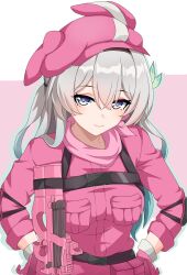 1girl absurdres belt black_belt black_hairband blue_eyes breasts bullpup chest_harness closed_mouth commentary cosplay firefly_(honkai:_star_rail) gloves gradient_hair green_hair green_pupils gun hair_between_eyes hair_ornament hairband harness hat highres honkai:_star_rail honkai_(series) jacket llenn_(sao) llenn_(sao)_(cosplay) long_hair looking_at_viewer maxwelzy medium_breasts multicolored_hair p90 personal_defense_weapon pink_gloves pink_hat pink_jacket pink_scarf pink_weapon scarf smile solo submachine_gun sword_art_online sword_art_online_alternative:_gun_gale_online tactical_clothes upper_body weapon white_hair