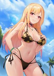 1girl absurdres bikini black_choker blonde_hair blue_sky bracelet breasts choker commentary cowboy_shot day ear_piercing earrings grin hand_on_own_chest hand_on_own_hip highres jewelry kevo kitagawa_marin long_hair looking_at_viewer medium_breasts multi-strapped_bikini_bottom navel necklace o-ring o-ring_bikini outdoors piercing pink_eyes ring side-tie_bikini_bottom sky smile solo sono_bisque_doll_wa_koi_wo_suru stomach swimsuit