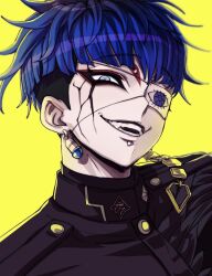 Rule 34 | 1boy, black hair, blue hair, chamuchai, cracked skin, earrings, evil smile, eye print, eyepatch, eyeshadow, face piercing, gakuran, highres, jewelry, labret piercing, last defense academy school uniform, looking at viewer, makeup, male focus, multicolored hair, omokage yugamu, piercing, portrait, print eyepatch, red eyeshadow, school uniform, short hair, simple background, smile, solo, the hundred line -last defense academy-, yellow background