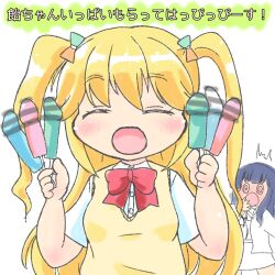 2girls blonde_hair blush candy closed_eyes clueless colored_pencil_(medium) food fujisawa_yuzu full-face_blush highres holding holding_candy holding_food kanamara_candy lollipop multiple_girls ongeki open_mouth penis red_ribbon ribbon romaji_text shaped_lollipop shirt simple_background surprised sweater_vest traditional_media twintails white_shirt yamai_naka_kanaiya yellow_sweater_vest