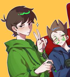 2boys antenna_hair blue_hoodie blush brown_eyes brown_hair chinese_commentary closed_eyes closed_mouth commentary_request couch drawstring dutch_angle edd_(eddsworld) eddsworld green_hoodie grey_shirt hair_behind_ear hands_up highres holding holding_marker hood hood_down hoodie kafei146 long_sleeves looking_at_viewer male_focus marker multiple_boys on_couch outline pale_skin parted_lips puffy_long_sleeves puffy_sleeves shirt short_hair simple_background sleeping smile sparkle swept_bangs tom_(eddsworld) upper_body upturned_eyes v very_short_hair white_outline yellow_background