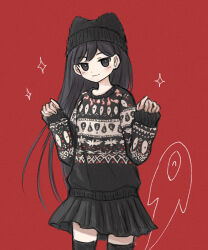 Rule 34 | 1girl, alternate costume, animal hat, beanie, black eyes, black hair, black hat, black skirt, black sweater, black thighhighs, blush, cat hat, christmas sweater, closed mouth, commentary, cowboy shot, double-parted bangs, hair behind ear, hair between eyes, hands up, hat, highres, jitome, long hair, long sleeves, mari (faraway) (omori), mari (omori), merchandise, miniskirt, omori, pleated skirt, puffy long sleeves, puffy sleeves, qq (oooomoribiglove), red background, simple background, skirt, sleeves past wrists, smile, solo, something (omori), sparkle, standing, straight hair, sweater, symbol-only commentary, thighhighs, very long hair, zettai ryouiki