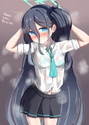 1girl absurdres aqua_bra aqua_halo aqua_necktie aris_(blue_archive) arrow_(symbol) black_hair black_hairband black_skirt blue_archive blue_eyes blush bra bra_visible_through_clothes breasts bright_pupils button_gap buttons collared_shirt commentary cowboy_shot double-parted_bangs dress_shirt english_commentary english_text gradient_background hair_between_eyes hair_over_mouth hair_over_shoulder hairband halo hands_up head_tilt highres long_bangs long_hair long_sidelocks looking_at_viewer miniskirt navel necktie nose_blush one_side_up parted_lips pleated_skirt raised_eyebrows shirt short_sleeves sidelocks skirt small_breasts solo standing steam steaming_body sweatdrop underwear very_long_hair wet wet_clothes wet_shirt white_pupils white_shirt zhyseven