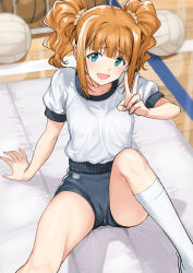 1girl arm_support ball basketball basketball_(object) blush breasts buruma collarbone gym_shirt hair_ornament hair_scrunchie highres idolmaster idolmaster_(classic) idolmaster_million_live! knee_up looking_at_viewer mat orange_hair scrunchie shirt short_sleeves sitting small_breasts solo takatsuki_yayoi tsurui v volleyball volleyball_(object)