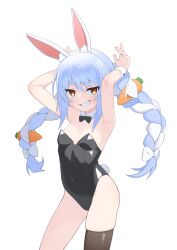 1girl absurdres animal_ears black_leotard black_thighhighs blue_eyes braid breasts carrot_hair_ornament closed_mouth collar detached_collar food-themed_hair_ornament hair_ornament highres hololive leotard looking_at_viewer multicolored_hair orange_eyes rabbit-shaped_pupils rabbit_ears rabbit_girl rabbit_pose rabbit_tail single_thighhigh small_breasts smile solo symbol-shaped_pupils tail thighhighs twin_braids two-tone_hair ugaaaa1 usada_pekora virtual_youtuber white_collar white_hair white_wrist_cuffs wrist_cuffs