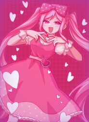 Rule 34 | 1girl, :d, absurdres, alternate skin color, belt, bow, breasts, commentary request, dress, dutch angle, feet out of frame, film grain, frilled sleeves, frills, hair between eyes, hair bow, half-closed eyes, hands up, heart, heart belt, heart hands, heart in heart hands, highres, long hair, looking at viewer, medium breasts, medium dress, omori, open mouth, panties, petticoat, pink belt, pink bow, pink dress, pink eyes, pink hair, pink theme, polka dot, polka dot bow, puffy short sleeves, puffy sleeves, red background, shirt, short sleeves, sidelocks, simple background, sleeveless, sleeveless dress, smile, solo, sweetheart (omori), twintails, underwear, very long hair, white panties, white shirt, white wrist cuffs, wrist cuffs, yksm oe