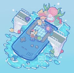 1boy 1girl backpack bag blue_theme bridge bulbasaur commentary creature creatures_(company) english_commentary game_boy game_boy_color game_freak gem gen_1_pokemon gym_leader handheld_game_console horsea ladder leaphere misty_(pokemon) nintendo on_shoulder pearl_(gemstone) pikachu pokemon pokemon_(anime) pokemon_(classic_anime) pokemon_(creature) pokemon_gym pokemon_on_shoulder pokemon_rgby psyduck red_(pokemon) seadra seashell shell shellder side_ponytail signature starmie tongue tongue_out water
