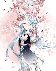 1girl ahoge armlet arms_behind_back black_dress blue_hair branch cha_hanare cherry_blossoms closed_eyes closed_mouth commentary cowboy_shot dress facing_viewer falling_petals flower front_slit furina_(genshin_impact) genshin_impact gold_trim gradient_clothes gradient_dress hair_between_eyes highres jewelry juliet_sleeves long_hair long_sleeves multicolored_dress multicolored_hair petals pink_flower pink_petals puffy_sleeves smile solo standing turtleneck turtleneck_dress two-tone_hair white_dress white_hair