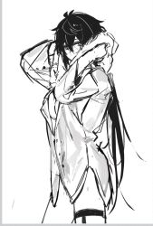 1boy drying drying_hair drying_own_hair genderswap genderswap_(mtf) genshin_impact greyscale hamtaru542899 highres monochrome mors_gn solo solo_focus thigh_strap towel towel_on_head twitter white_background zhongli_(genshin_impact)
