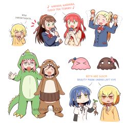 6+girls :&lt; :d ^_^ absurdres afterimage animal_costume bear_costume black_ribbon blazer blonde_hair blue_jacket blush bocchi_the_rock! brown_sailor_collar brown_shirt brown_sweater closed_eyes closed_mouth collared_shirt crossover cube_hair_ornament dinosaur_costume dress_shirt eighth_note eminarts503 empty_eyes english_text flower gotoh_hitori gotoh_hitori_(octopus) green_eyes hair_flower hair_ornament hairclip highres hitori_bocchi hitoribocchi_no_marumaru_seikatsu holding holding_instrument holding_microphone honshou_aru instrument jacket kita_ikuyo long_hair long_sleeves maracas microphone mole mole_under_eye multiple_girls musical_note neck_ribbon notice_lines o_o one_side_up open_mouth orange_eyes pink_flower red_hair ribbon romaji_text sailor_collar sapling school_uniform serafuku shirt simple_background smile sotoka_rakita sunao_nako sweat sweater tears trait_connection translation_request trembling turn_pale v-shaped_eyebrows very_long_hair watermark wavy_mouth white_background white_shirt yamada_ryo