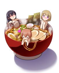 &gt;_&lt; 10s 3girls :&lt; :3 bath black_hair blush bowl brown_hair covering_privates covering_breasts eating egg closed_eyes food hair_down heart highres hoshizora_rin in_food kamaboko koizumi_hanayo looking_at_viewer love_live! love_live!_school_idol_project meandros multiple_girls narutomaki noodles nori_(seaweed) orange_hair pink_eyes ramen shipii_(jigglypuff) short_hair towel yazawa_nico