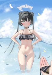 1girl 1other ;o absurdres bikini black_bikini black_hair blue_archive blue_sky blush bottomless cloud commentary convenient_censoring day double_bun english_commentary groin hair_bun hair_intakes halo halterneck hands_on_own_hips highres kisaki_(blue_archive) long_hair looking_at_viewer navel one_eye_closed out_of_frame outdoors parted_lips sky solo_focus standing swimsuit twintails unworn_bikini_bottom very_long_hair wading water yume_tsugoi