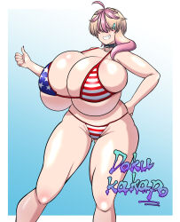 1girl american_flag_bikini american_flag_print bikini blonde_hair breasts bursting_breasts choker codeorange162 deep_skin ear_piercing facing_viewer female_focus flag_print gigantic_breasts grin gyaru hand_on_own_hip hidden_eyes highres hoshizaki_mika micro_bikini original piercing pink_hair print_bikini shiny_skin skindentation smile solo standing swimsuit thick_thighs thighs thumbs_up underboob wide_hips