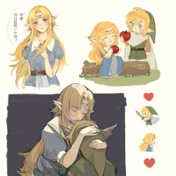 1boy 1girl apple belt blonde_hair blue_dress blush_stickers brown_belt cape chibi chibi_inset chinese_text dark_background dress earrings food fruit green_hat green_tunic hand_on_own_chest hat heart holding holding_food holding_fruit holding_sword holding_weapon hug jewelry jiaoyan_chacha link log long_hair looking_at_another looking_at_viewer multiple_views nintendo pointy_ears princess_zelda puffy_short_sleeves puffy_sleeves short_hair short_sleeves sidelocks sitting sword the_legend_of_zelda the_legend_of_zelda:_a_link_to_the_past tiara translation_request triforce tunic two-tone_background weapon white_background white_cape