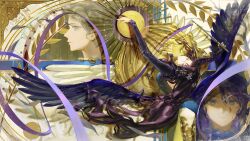 2girls absurdres arms_up athletic_leotard black_hair black_wings blue_eyes blue_leotard caroline_bartley cowboy_shot feathered_wings gold_medal grey_hair gymnastics hair_ornament highres holding_baton leaf_hair_ornament leaning_forward leotard long_hair long_sleeves looking_at_viewer low_wings multiple_girls multiple_views pantyhose profile reverse:1999 rhythmic_gymnastics ribbon_baton very_long_hair white_pantyhose willow_(reverse:1999) wings yikeren