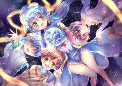 2boys 2girls :d absurdres blue_dress blue_eyes blue_hair blush brown_hair child colored_eyelashes commentary_request crossed_arms drawn_whiskers dress dutch_angle earth_(planet) eyelashes green_eyes hair_between_eyes hair_ribbon hair_spread_out hand_up happy highres hoshino_yumemi hugging_object long_hair long_ribbon looking_at_viewer low_twintails lying multiple_boys multiple_girls no_eyes on_back on_side open_hand open_mouth planet planetarian planetarium pointing pointing_at_viewer ribbon robot_ears shiny_skin short_hair smile sparkle thighs touki_matsuri twintails yellow_ribbon