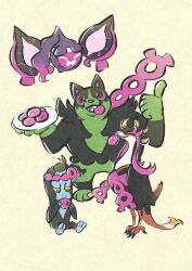 1other 3boys berry_(pokemon) bird black_eyes bright_pupils colored_sclera eating fezandipiti food full_body gen_9_pokemon highres holding holding_food legendary_pokemon looking_at_viewer metikyun mochi multiple_boys munkidori nintendo no_humans okidogi open_mouth pecharunt pokemon pokemon_(creature) sharp_teeth sitting smile standing teeth white_pupils yellow_sclera