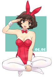 1girl akiyama_yukari animal_ear_hairband animal_ears aqua_background barefoot bow bowtie breasts brown_eyes brown_hair cleavage collarbone dated detached_collar fake_animal_ears girls_und_panzer hairband hand_on_own_leg indian_style leotard looking_at_viewer nontraditional_playboy_bunny open_mouth pantyhose playboy_bunny rabbit_ear_hairband rabbit_ears red_bow red_bowtie red_leotard short_hair side-tie_leotard sitting solo strapless strapless_leotard teeth uona_telepin upper_teeth_only white_pantyhose wrist_cuffs