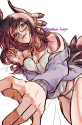 1girl bare_shoulders black_hair blue_eyes blush breasts cleavage collarbone dragon_horns dragon_tail duel_monster glasses highres horns house_dragonmaid jacket long_hair looking_at_viewer lying medium_breasts on_side panties purple_jacket semi-rimless_eyewear simple_background smile solo tail tank_top tokiwajing under-rim_eyewear underwear white_background white_panties white_tank_top yu-gi-oh!