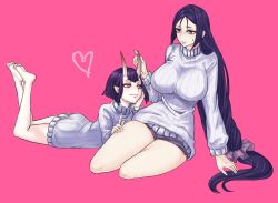 2girls alternate_costume braid braided_ponytail breasts commentary demon_girl demon_horns fate/grand_order fate_(series) hand_on_another&#039;s_leg heart highres horns large_breasts long_hair long_sleeves looking_at_another lying micro_shorts minamoto_no_raikou_(fate) multiple_girls official_alternate_costume oni onikudaisuki_x pink_background purple_eyes purple_hair short_hair shorts shuten_douji_(fate) simple_background single_braid smile sweat sweater yuri