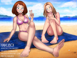 2girls armpits artist_name bare_shoulders barefoot beach bikini black_bikini blonde_hair boat boku_no_hero_academia breasts brown_hair cleavage clenched_hand collarbone crossed_legs day deviantart_username feet female_focus finger_to_mouth fingernails fingerprint full_body hakuboi hand_on_ground hand_on_own_knee hand_up happy highres knee_up knees_together_feet_apart knees_up legs long_hair looking_at_viewer medium_breasts medium_hair midriff multiple_girls navel neck ocean outdoors patreon_username pink_bikini pixiv_id sand sidelocks sitting sky smile soles summer swimsuit thighs toenails toes towel tumblr_username uraraka_ochako utsushimi_kemii v watercraft