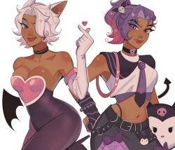 1girl alternate_costume black_choker black_pants blue_eyes blush bodysuit breasts choker cleavage collarbone cosplay crop_top dark-skinned_female dark_skin elbow_gloves finger_heart gloves gradient_hair heart high_ponytail highres kaiwankon kuromi large_breasts leotard licking_lips looking_at_viewer midriff multicolored_hair multiple_views navel necktie overwatch pants panty_straps pink_hair pink_leotard pink_lips ponytail purple_bodysuit purple_eyes purple_hair purple_necktie red_lips rouge_the_bat rouge_the_bat_(cosplay) short_hair solo_focus sombra_(overwatch) strapless strapless_leotard tongue tongue_out white_gloves white_hair