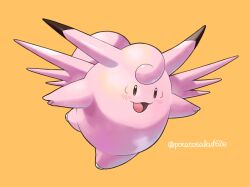 Rule 34 | :d, blush, brown eyes, clefable, colored skin, full body, gen 1 pokemon, highres, nintendo, open mouth, pink skin, pokemon, pokemon (creature), pokemon focus, potesara (potatosalad62e), smile, solo, standing, standing on one leg, twitter username, wings, yellow background
