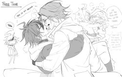 2boys ahoge anger_vein angry aotsuki_eito black_gloves calf_socks closed_eyes collar english_text glasses gloves greyscale hood hoodie long_sleeves messy_hair monochrome multicolored_hair multiple_boys simple_background speech_bubble sumino_takumi sweat sweatdrop the_hundred_line_-last_defense_academy- tongue tongue_out white_background yaoi
