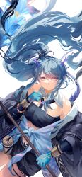 1girl absurdres arknights bamboo_slips bandeau bead_bracelet beads black_bandeau black_shorts blue_hair blue_hands blue_skin bracelet coat colored_skin detached_collar dragon_girl dragon_horns dragon_tail highres holding holding_staff horns jacket jewelry ling_(arknights) ling_(towering_is_cliff_of_nostalgia)_(arknights) long_hair looking_at_viewer official_alternate_costume open_clothes open_coat pointy_ears purple_horns shorts staff tail thigh_strap tied_jacket uroko_(pattern) yonjuri