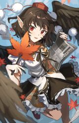 1girl absurdres black_skirt black_wings brown_hair cloud cloudy_sky frills hat highres holding holding_newspaper leaf leaf_print looking_at_viewer maple_leaf maple_leaf_print medium_hair newspaper open_mouth pointy_ears pom_pom_(clothes) red_eyes red_shoes shameimaru_aya shirt shoes short_sleeves skirt sky smile solo tokin_hat touhou uehara_suiyo white_shirt wings