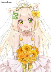 1girl :d ahoge animal_ear_fluff animal_ears artist_name blush bouquet bow braid cat_ears cat_girl collarbone commentary_request cowboy_shot dress elbow_gloves fish_hair_ornament flower gloves green_eyes hair_bow hair_ornament hazakura_hinata heterochromia highres holding holding_bouquet kurumi_(hazakura_hinata) looking_at_viewer open_mouth original simple_background smile solo translation_request twin_braids wedding_dress white_background white_dress white_gloves yellow_bow yellow_eyes yellow_flower