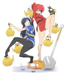 2boys 2girls :&lt; balancing bare_legs barefoot between_toes black_hair blue_eyes bottomless braid chinese_clothes eyeshadow feet full_body genderswap genderswap_(mtf) hair_ribbon happosai hibiki_ryouga holding_with_feet japanese_clothes kara_age kettle kimono kuonji_ukyou leg_up leggings legs long_hair makeup multiple_boys multiple_girls no_shoes one_eye_closed oversized_object p-chan pantyhose pig plantar_flexion ranma-chan ranma_1/2 red_eyes red_hair ribbon saotome_ranma scarf single_braid spatula standing standing_on_one_leg toes wink