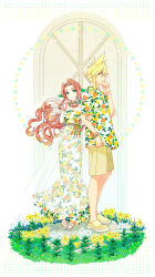 39cva absurdres aerith_gainsborough aerith_gainsborough_(citric_dress) alternate_costume aqua_eyes belt blonde_hair bracelet breasts brown_hair choker church cleavage closed_mouth cloud_strife collared_shirt dress earrings final_fantasy final_fantasy_vii final_fantasy_vii_ever_crisis finger_to_cheek flower food-themed_earrings food_print food_themed_earrings fruit_print full_body green_eyes green_ribbon hair_between_eyes hair_ribbon half_updo hand_to_own_mouth hawaiian_shirt highres holding_another&#039;s_arm jewelry light_blush lily_(flower) loafers long_dress long_hair medium_breasts multicolored_nails multiple_bracelets multiple_rings nail_polish official_alternate_costume orange-shaped_earrings orange-shaped_ornament orange_nails orange_print parted_bangs print_dress print_shirt ribbon ring sandals see-through_clothes see-through_skirt shirt shoes short_hair short_sleeves shorts sidelocks skirt smile sparkle spiked_hair standing strapless strapless_dress toeless_footwear white_flower wooden_floor yellow_flower yellow_shoes yellow_shorts