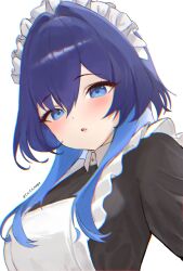 Rule 34 | 1girl, apron, blue eyes, blue hair, blush, chromatic aberration, commentary, frilled apron, frills, hair between eyes, highres, hololive, hololive english, long hair, looking at viewer, maid headdress, multicolored hair, official alternate costume, open mouth, ouro kronii, ouro kronii (maid), sidelocks, simple background, solo, tententempe, two-tone hair, upper body, virtual youtuber, white apron, white background