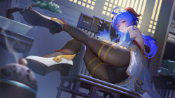 1girl absurdres architecture ass bare_shoulders black_gloves black_pantyhose blue_hair blurry blurry_foreground bodystocking bonsai depth_of_field detached_sleeves east_asian_architecture ganyu_(genshin_impact) genshin_impact gloves goat_horns grey_footwear hair_between_eyes high_heels highres horns long_hair looking_at_viewer looking_back lying on_chair on_side pantyhose purple_eyes smoke solo yeao951038794