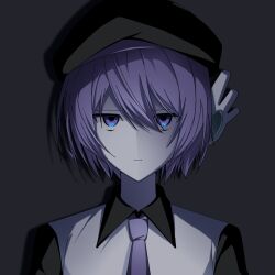 1girl 1yakuhin beret black_background black_hat black_sleeves closed_mouth collared_shirt dark expressionless hair_between_eyes hashtag-only_commentary hat headphones highres looking_at_viewer necktie pale_skin portrait purple_eyes purple_hair purple_necktie shirt short_hair solo straight-on utane_uta utau white_shirt wing_collar
