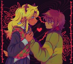 1girl 1other antlers black_bow black_bowtie black_hood black_shirt blonde_hair bow bowtie brown_eyes brown_hair buck_teeth checkered_clothes checkered_sweater_vest checkered_vest commentary deer_antlers deer_tail deltarune dreemurren english_commentary furry furry_female green_sweater heart highres holding_hands horns kris_(deltarune) long_hair long_sleeves noelle_holiday plant shirt short_hair smile soul_(deltarune) sweater tail teeth thorns vest vines weird_route_(deltarune)