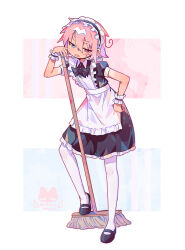 1boy absurdres apron artist_logo black_bow black_bowtie black_dress black_shoes blue_eyes blush_stickers bow bowtie bright_pupils collared_dress commentary_request crossdressing dress fang frilled_apron frilled_wrist_cuffs frills full_body heterochromia highres holding holding_mop logo maid_apron male_focus mary_janes mop open_mouth original pantyhose petticoat pink_eyes pink_hair puffy_short_sleeves puffy_sleeves raito-kun_(uenomigi) shoes short_hair short_sleeves single_blush_sticker solo tan tanline trap uenomigi white_apron white_pantyhose white_pupils wrist_cuffs
