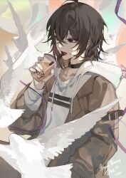 1boy absurdres angel bird black_choker brown_hair bubble_tea choker cup dove drinking_straw fangs feathered_wings hair_between_eyes highres hood hood_down jacket kingcraft_kingu long_sleeves male_focus open_mouth original purple_eyes shirt signature simple_background solo wings