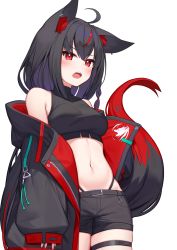 1girl absurdres ahoge animal_ear_fluff animal_ears black_hair black_jacket black_shirt black_shorts blush braid breasts crop_top deaver earrings fox_ears fox_girl fox_tail hair_between_eyes highleg highleg_panties highres hololive jacket jewelry kurokami_fubuki long_hair looking_at_viewer md5_mismatch multicolored_hair navel open_clothes open_jacket open_mouth panties pentagram red_eyes red_hair resolution_mismatch shirt short_shorts shorts sidelocks simple_background single_braid small_breasts solo source_smaller streaked_hair tail thigh_strap underwear virtual_youtuber white_background