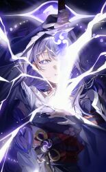 1girl absurdres braid commentary_request dekitateomoti duplicate electricity fingernails genshin_impact glowing glowing_eyes glowing_weapon hair_between_eyes highres holding holding_sword holding_weapon human_scabbard japanese_clothes kimono lightning long_hair mitsudomoe_(shape) mole mole_under_eye musou_isshin_(genshin_impact) nail_polish parted_lips purple_eyes purple_hair purple_kimono purple_nails raiden_shogun red_sash sash shade sidelocks solo sword tomoe_(symbol) upper_body weapon