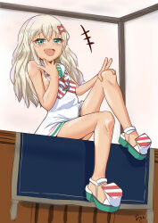 1girl akashieru anchor blonde_hair dress full_body grecale_(kancolle) green_eyes highres kantai_collection long_hair hair_ribbon sailor_dress sandals sleeveless sleeveless_dress table white_dress