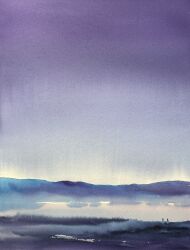 2others blue_sky dawn day highres hill horizon lake morning mouen_tw multiple_others original outdoors painting_(medium) reflection reflective_water scenery sky snow traditional_media water watercolor_(medium)