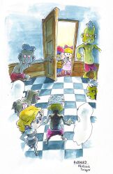 Rule 34 | 2girls, akahanadragon, baseball cap, blonde hair, blush stickers, bow, dog, doorway, dress, earrings, finger to mouth, from above, ghost, hair bow, hand on own hip, hat, high heels, jewelry, looking at another, mother (series), mother 2, multiple girls, ness (mother 2), nintendo, open mouth, paula (mother 2), red eyes, shorts, shushing, skirt, strapless, sunglasses, tile floor, tiles, tube top, zombie