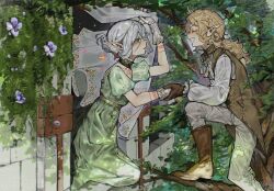 1boy 1girl arm_tattoo black_choker blonde_hair boots branch brown_vest building chest_tattoo choker crossdressing curtain_grab curtains dress dungeon_meshi earrings elf fleki floating_earrings flower gloves green_dress green_eyes grey_hair hair_around_ear highres holding_hands in_tree jewelry kneeling long_hair low_ponytail lycion notched_ear nova_1810 pants pointy_ears ponytail puffy_short_sleeves puffy_sleeves short_sleeves tattoo through_window tree twintails updo vest window