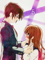 Rule 34 | 1boy, 1girl, 621 joker 123, asahina mikuru, blazer, blue sailor collar, brown hair, collared shirt, commentary request, from side, green jacket, highres, jacket, kita high school uniform, koizumi itsuki, long hair, long sleeves, looking at another, necktie, red necktie, red ribbon, ribbon, sailor collar, school emblem, school uniform, serafuku, shirt, short hair, suzumiya haruhi no yuuutsu, white shirt, winter uniform