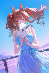 1girl absurdres angelina_(arknights) animal_ears arknights blue_dress blue_sky breasts brown_hair dress hair_ribbon highres holding holding_letter letter medium_breasts medium_hair outdoors red_eyes ribbon sky sleeveless sleeveless_dress solo twintails yueyueyue_yao